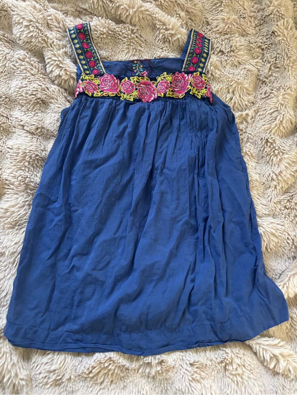 Johnny Was Navy Tunic Full Cotton Natural Fiber Top with Pink Floral Embroidery